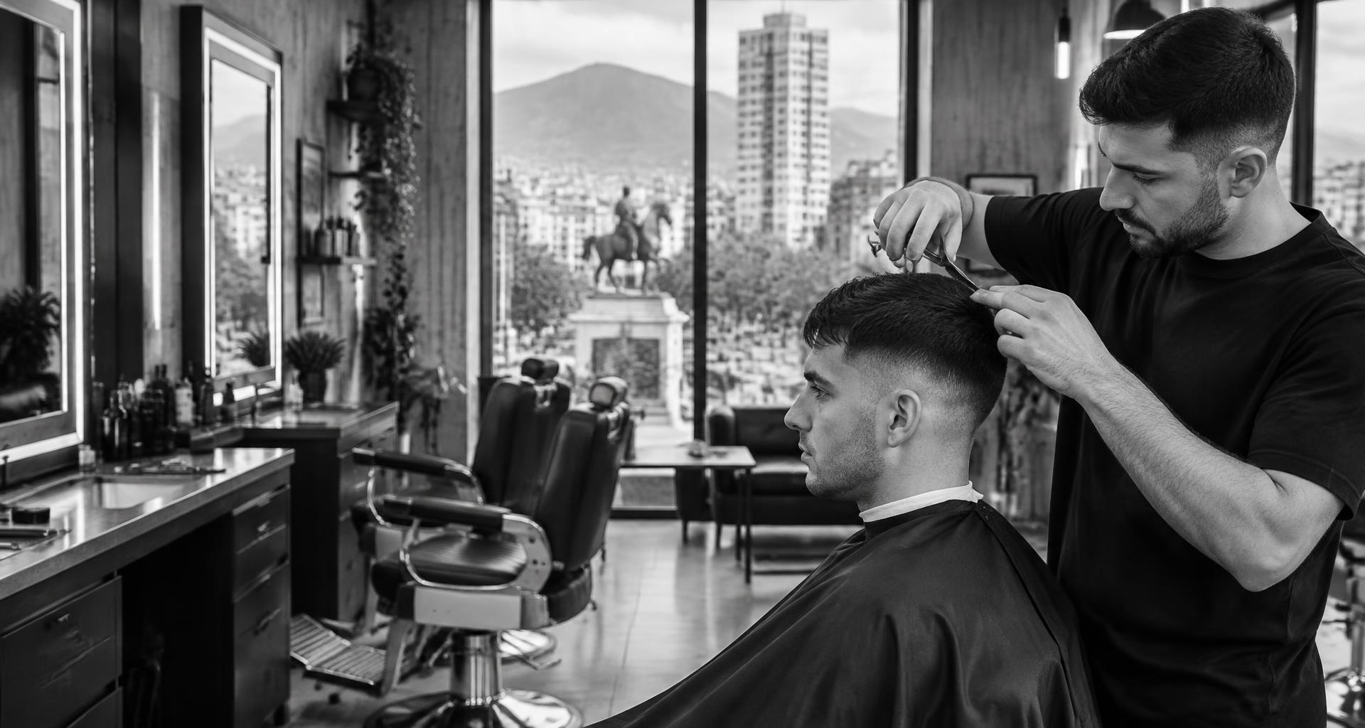 Barber carefully shaping a fresh haircut in a monochrome barbershop